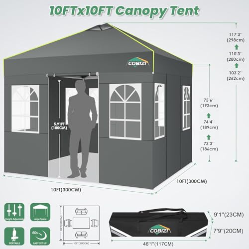 COBIZI 10x10 Pop Up Canopy Tent, Outdoor Party Tent with 4 Sidewall One Push Setup Glow, 3 Adjustable Height Air Vent Waterproof UPF50+, Bag, 4 Sandbag, 8 Stake, 4 Rope for Beach, Commercial - color: Gray, size: 10x10【with 4 sidewalls】