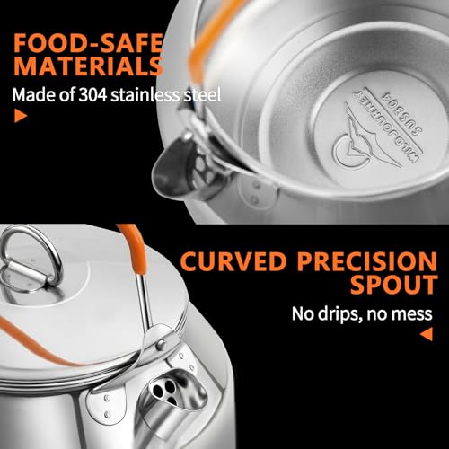 Camping Kettle, Portable Stainless Steel 1.4L Food Grade Water Kettle, Large Opening with Heat-Resistant Handle, Suitable for Gas, Induction Cooktop, Open Flame, Electric Stove, Silver