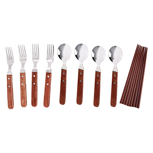 12 Pcs Stainless Steel Tableware Set | 4 Person Outdoor Cutlery with Wooden Handle | Dining Tools/Spoons/Chopsticks for Barbecue/Camping/Picnic | Includes Carrying Bag