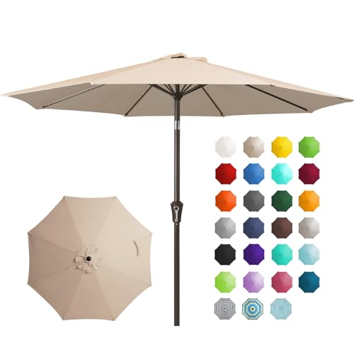 JEAREY 9FT Outdoor Patio Umbrella Outdoor Table Umbrella with Push Button Tilt and Crank, Market Umbrella 8 Sturdy Ribs UV Protection Waterproof for Garden, Deck, Backyard, Pool (Beige) - color: Beige
