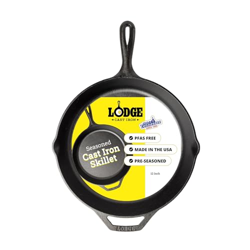 Lodge Seasoned Cast Iron Skillet 12 Inches - PFAS-Free, Non-Toxic Cookware - Use with an Oven, Stove, Grill, or Campfire - Naturally Non-Stick & Oven Safe - size: 12 Inch (1 Count)