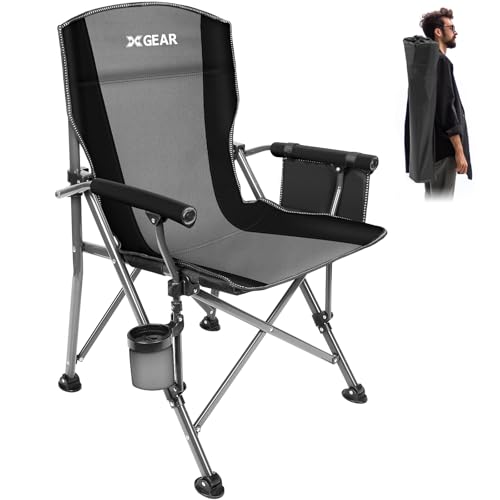 XGEAR Camping Chair with Padded Hard Armrest, Sturdy Folding Camp Chair with Cup Holder, Storage Pockets Carry Bag Included, Support to 400 lbs - color: 1-grey