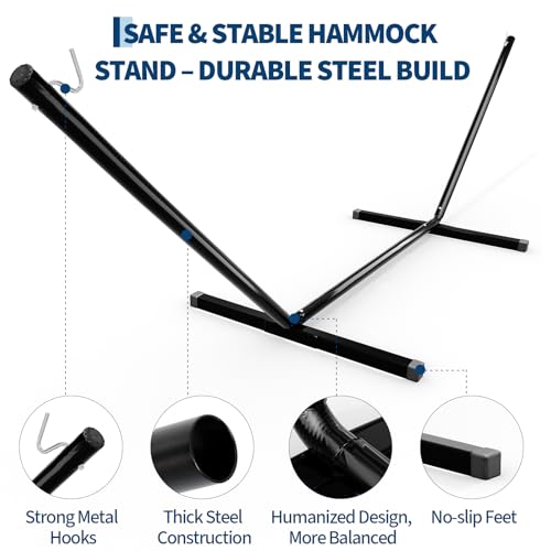 Garvee 12 FT Hammock Stand with Hooks and Chains, Portable 2 Person Heavy Duty Steel Hammocks Stand for Outside, Patio, Backyard, 450 Pounds Capacity, Black