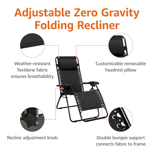 Amazon Basics Outdoor Patio Zero Gravity Portable Folding Reclining Lounge Chair with Padded Headrest Pillow, Weather Resistant Textilene, 26", Black - color: Black