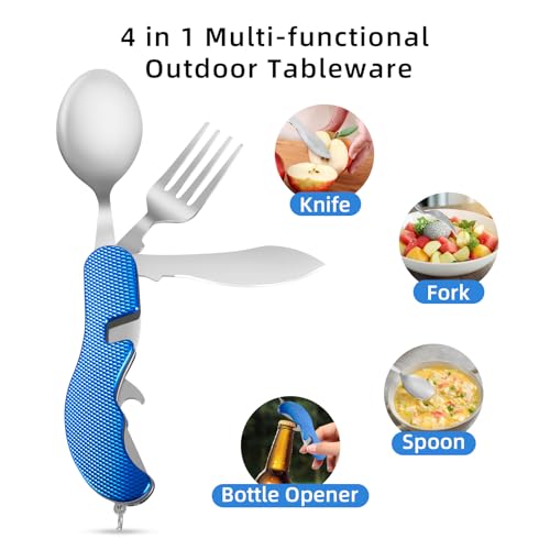 Leeko 4 in 1 Stainless Steel Portable Outdoor Pocket Knife Fork Spoon Diner Set Multi-function Tableware for Camping Hunting - color: Blue