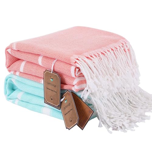 2 Packs Turkish Beach Towels Travel Vacation Essentials Quick Dry Sand Free Oversized Bath Pool Swim Towel Extra Large XL Blanket Adult Cruise Accessories Must Haves Clearance Stuff Necessities - color: 2 Pack Aqua Coral, size: 72 x 36 inch
