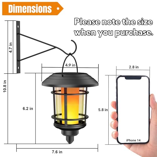 Dynaming Solar Flame Wall Lanterns, Outdoor Solar Wall Hanging Lights, Flickering Flame LED Lights Auto On/Off Wall Mounted Sconce Lights with Hooks, Waterproof for Garage Stair Patio Porch, 2 Pack