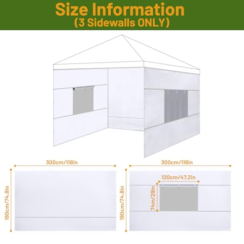 3 Pcs 10x10 Canopy Sidewalls with Roll-up Windows for 10x10 Pop Up Canopy Straight Leg Outdoor Instant Canopy Walls Waterproof & UV Protected for Outdoor Event Tents, 3 Sidewalls Only, White - color: White