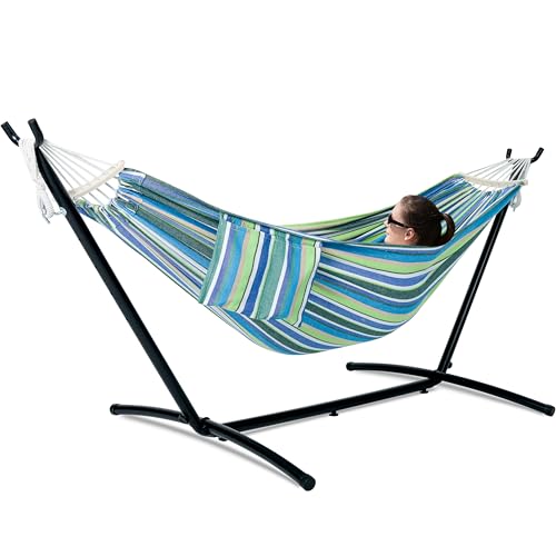 GAFETE Double Hammock with Stand for Outside, Upgraded Spreader Bar, Heavy Duty Space Saving Steel Stand 2 Person, Convenient Pocket, Easy Assembly, 600lbs Weight Capacity, Indoor & Outdoor (Garden) - color: Garden