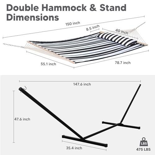 SUNCREAT Two Person Hammock with 12ft Stand Included, Max 475lbs Capacity, Heavy Duty Free Standing Hammock, Black Stripes - color: Black & White, size: 12 ft Stand