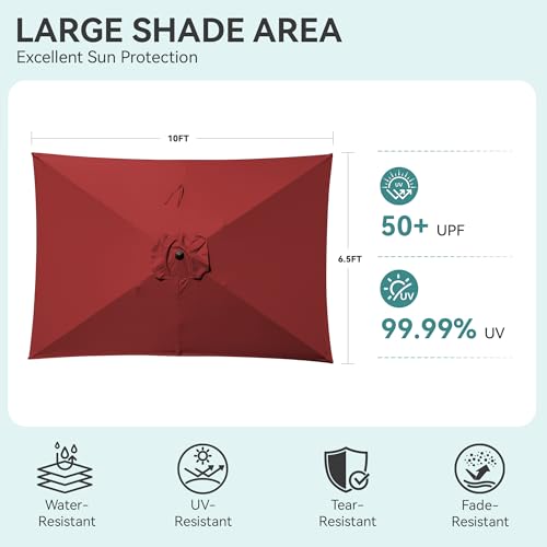HASLE OUTFITTERS Rectangular Patio Umbrella, 6.5 x 10 ft Rectangle Table Umbrellas w/Heavy Duty Ribs, Effortless Crank and Push Button Tilt, Wind Resistant Sun Umbrella for Outdoor Patio, Wine Red - color: Wine Red