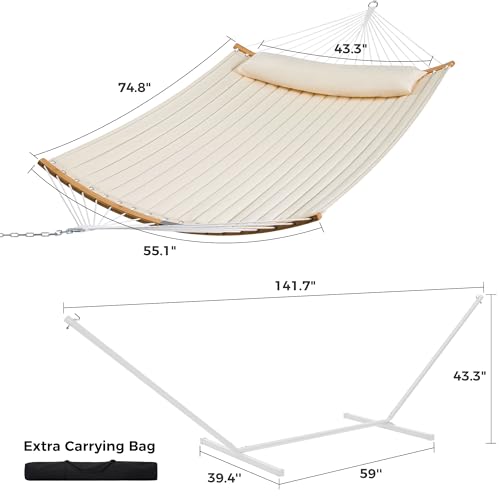 SUPERJARE Hammock with Stand, 2 Person Heavy Duty Hammock with Padded Cotton, Detachable Pillow & Strong Curved-Bar & Portable Carrying Bag, Perfect for Outdoor & Indoor, Beige - color: Beige