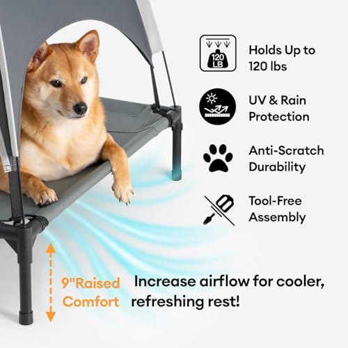 FUNNY FUZZY Elevated Dog Bed with Canopy,Grey, Large(36"x30"x7")–Outdoor Pet Cot with UV Protection, Breathable Mesh for Cooling, Indoor & Outdoor Use for Dogs up to 120 lbs - color: Grey, size: Large