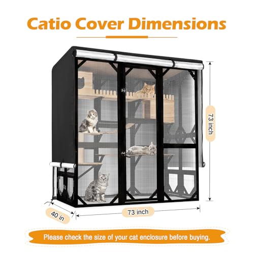 Catio Cover, 73" L x 40" W x 73" H Waterproof Cover for Outdoor Cat Enclosure, 420D Cat Cage Cover for FunXplore Cats Catios, Black (Catio Not Included) - size: 73"L x 40"W x 73"H for FunXplore