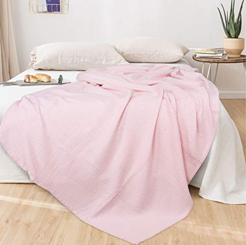 GLAMBURG 100% Cotton Thermal Blanket, Breathable Waffle Blanket, Queen Size, All Season, Baby Pink - color: Baby Pink, size: Queen (90"x90")