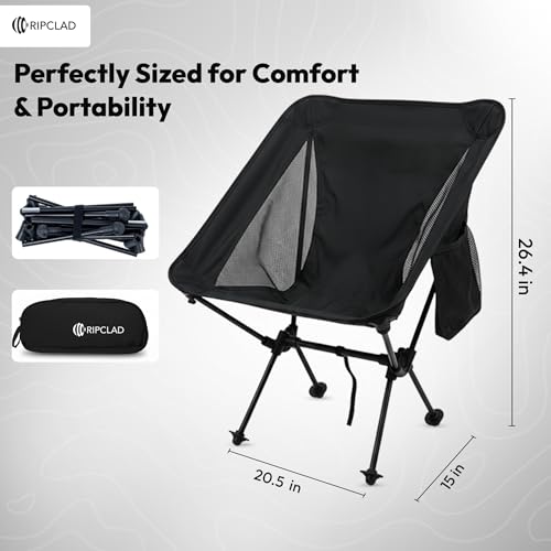 Ultralight Camping Chair, Folding Backpack Chair with Aluminum Frame, Side Pocket & Anti-Sinking Feet, Supports 330 lbs, Camp Chair for Outside, Hiking, Beach, and Travel (Black)