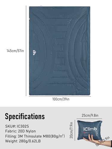 iClimb 3M Thinsulate Insulation Warm Camping Blanket Ultralight Compact - color: Blue, size: 39” × 57”, 0.62 lb