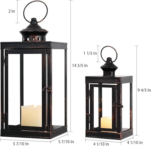 Large Lantern Decorative Outdoor & Indoor, Set of 2 (14’’&10’’) Metal Candle Lanterns Decor, Vintage Hanging Candle Holder for Front Porch Patio Wedding Farmhouse Home, Spring Decoration - color: Black / 14.6''h+9.8''h