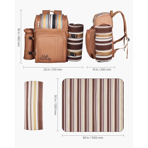 VEVOR Picnic Backpack, Beach Picnic Backpack Bag for 4 Person with Insulated Cooler Compartment, Detachable Bottle/Wine Holder, Lightweight Blanket, Plates and Cutlery Set for Hiking & Camping, Brown - size: double layer for 4 & browne