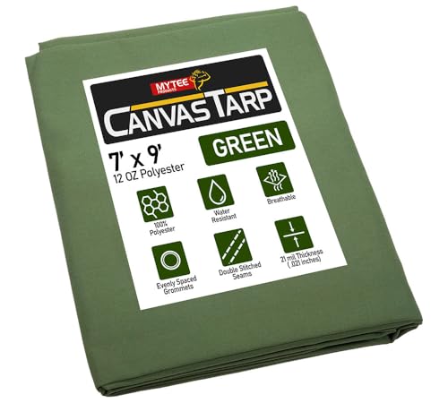 Mytee Products 7' x 9' Green 12oz Canvas Tarp with Grommets - Water Resistant - Heavy Duty Canvas Tarps - Multipurpose Tarpaulin Cover for Canopy Tent, Roof, Camping, Semi Trucks & Cargo - color: Green (1 Pc), size: 7' x 9'