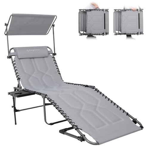 KingCamp Oversized Tanning Chair, Extra-Wide Padded Folding Chase Lounge Chairs Adjustable 5-Position 400lbs Heavy Duty Lounger with Double-Layer Oxford Canopy Shade for Outdoor Beach Patio Sun Pool - color: Oversize Grey Canopy-1 Pack
