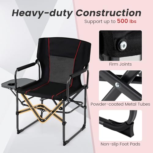 Goplus Folding Camping Chair, 2 Pack Heavy-Duty Director Chair with Side Table & Cup Holder, Portable Padded Chair with Carrying Bag for Picnic Beach Fishing Sports, Supports up to 500 LBS, Black - color: Black