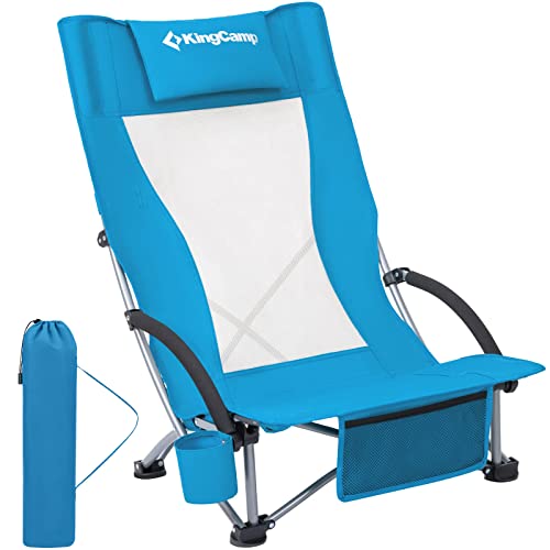 KingCamp Folding Beach Chair High Back Lightweight Portable Backpack Chair with Headrest, Cup Holder for Camping Outdoor Sand Concert Lawn Festival Sports, Blue - color: Blue-high Back
