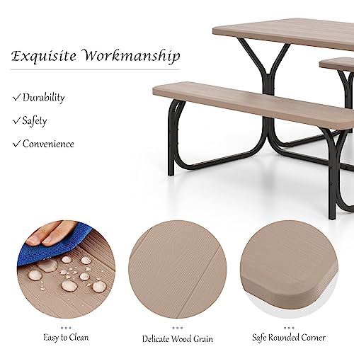 Giantex Picnic Table Bench Set Outdoor Camping All Weather Metal Base Wood-Like Texture Backyard Poolside Dining Party Garden Patio Lawn Deck Furniture Large Camping Picnic Tables for Adult - color: Coral Reef, size: 4.5FT