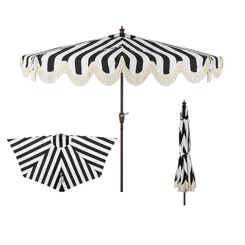 JONATHAN Y Half Umbrella UMB1201A Beverly 9 ft. Designer Classic Scalloped Fringe Market Patio with Crank, Push Button Tilt and UV Protection in Black/White - color: Black/White