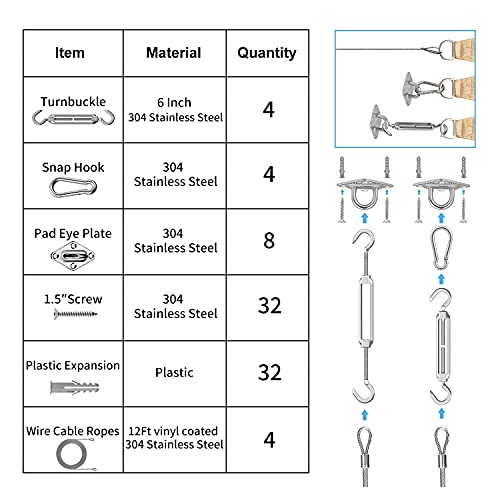84 Pcs Sun Shade Sail Hardware Kit with Cable Wire Rope for Rectangle Square Triangle Shade Sail Installation, 6 inch 304 Grade Stainless for Garden,Outdoors,DIY Crafts,Railing - size: 84 Pcs Hardware Kits+Cables for Rectangle/Triangle