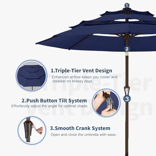 10FT Patio Umbrella 3 Tiers Outdoor Market Umbrella w/Push Button Tilt, Crank, UV and Waterproof Table Umbrella for Garden, Pool, Backyard, Deck, Lawn, Navy Blue - color: Navy Blue