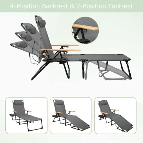 Foldable Chaise Lounge Chair Outdoor, Tanning Chair with 4-Position Reclining Back, Folding Sun Lounger, Outdoor Lounge Chair for Beach, Poolside, Backyard, Camping, UPF 50 - color: Grey3