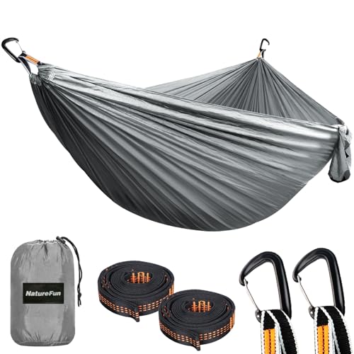 NATUREFUN Ultra-Light Travel Camping Hammock | 300kg Load Capacity,Breathable,Quick-Drying | 2 x Premium Carabiners,2 x Nylon Slings Included | Outdoor Indoor Garden - color: Grey, size: 300x200cm