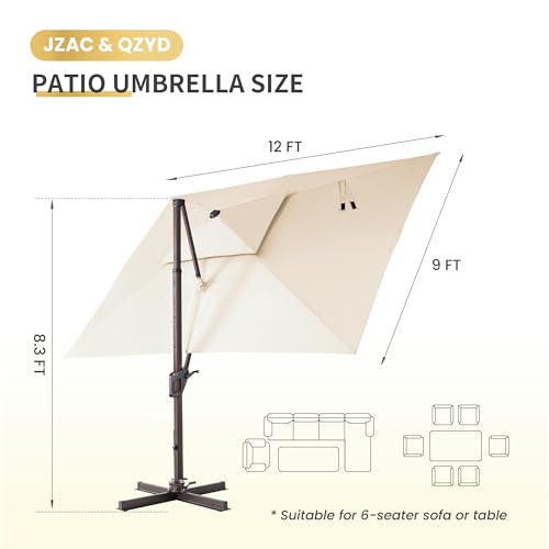 JZAC & QZYD 9x12 FT Outdoor Cantilever Patio Umbrella with LED Lights, Large Heavy Duty 2-Tier Aluminum Offset Umbrellas with 360-Degree Rotation for Pool Deck, Beige - color: Beige, size: 9'×12'