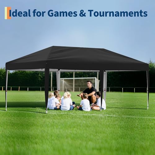 GarveeLife 10x20 Pop Up Canopy with 4 Sidewalls, Beach Ten with One Push Setup, Heavy Duty Outdoor Instant Canopy Tent with Portable Roller Bag, Silver Coated Top, 3 Adjustable Height, Sandbags,Black