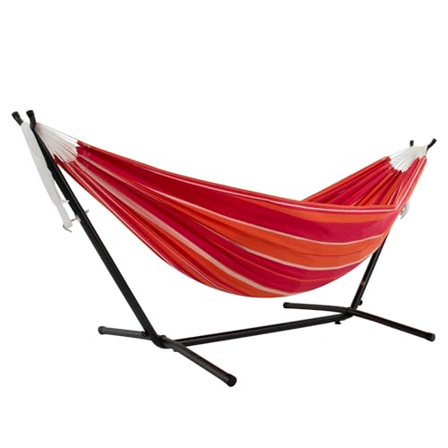 Vivere Double Cotton Hammock with Space Saving Steel Stand, Upgraded Polyester End Strings 450 lb Capacity - Premium Carry Bag Included - USA Grown Cotton (Mimosa) - color: Mimosa