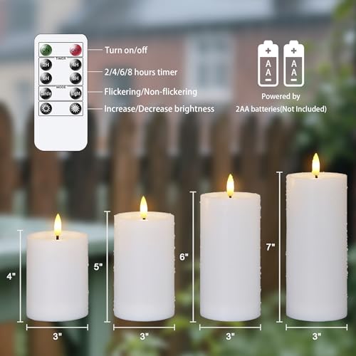 Yeelida Outdoor 4pcs Flameless Waterproof Candles with Handy Remote Control, Cycle Timer Battery Operated Candle Grease Effect LED Flickering Pillar Plastic Long Lasting (White, 3" x4" 5" 6" 7") - color: White, size: 4" 5" 6" 7"