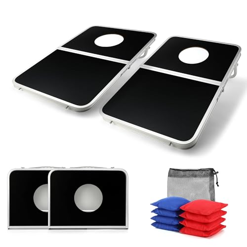Portable Cornhole Board Set with Aluminum Alloy Edging,2x1.3ft Foldable Corn Hole Games for Adults and Family with 8 Bean Bags for Outdoor Backyard Travel Tailgate Camping - color: Black