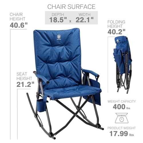 EVER ADVANCED Oversized Folding Rocking Camping Chair, Padded Portable Rocker Chair for Patio, Lawn and Outdoors, Heavy Duty Hard Armchair for Adults Supports 400lbs, Blue - color: Blue, style: Classic