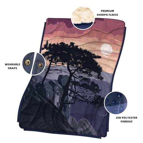 Outdoor Camping Blanket with Sherpa Lining, Extra Warm Thick Camp Blankets and Puffy Ultralight Soft Poncho DWR Camping Quilt for Cold Weather, Adventure, Sleeping, Backpacking 56"x 40" - color: Rosy Red, size: 56 x 40 inches