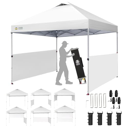 CROWN SHADES 10x10 Pop up Canopy Tent Instant Canopy with 150D Silver Coated Fabric Including 2 Half Sidewalls, 4 Ropes, 8 Stakes, 4 Weight Bags, STO 'N Go Bag, Grid White - color: Grid White