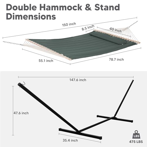SUNCREAT Hammocks Extra Large Double Hammock with 12 ft Stand, 475lbs Capacity, Outdoor Portable Hammock with Hardwood Spreader Bar, Extra Large Pillow, Gray Green - color: Gray Green, size: 12 ft Stand
