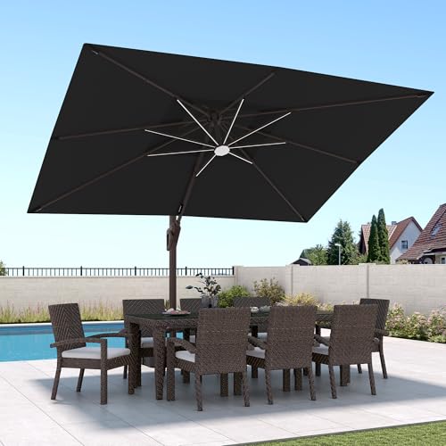 9 X 12 FT Cantilever Patio Umbrella with Led Lights and Base Included Outdoor Heavy Duty Double Top Rectangle Offset Umbrellas with 360-degree Rotation for Pool Deck Backyard, Black - color: Black, size: 9' X12' Weighted Base Included(LED)