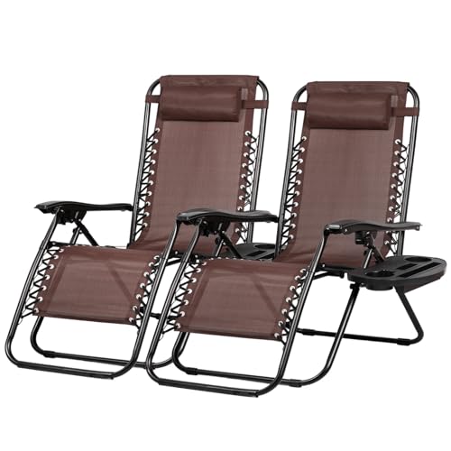 Nazhura Set of 2 Relaxing Recliners Patio Chairs Adjustable Steel Mesh Zero Gravity Lounge Chair Beach Chairs with Pillow and Cup Holder Khaki (Brown) - color: Brown