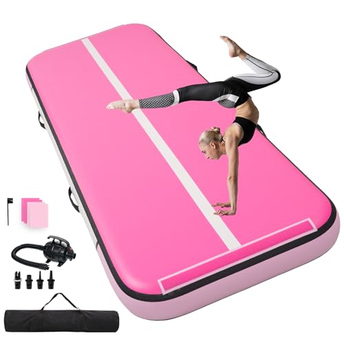 Quashley Inflatable Air Gymnastics Mat 8 Inch Thick,10-20ft Tumbling Mat for Training & Cheerleading,Leak-Proof Gymnastics Floor Mat with Pump & Repair Kit,for Indoor/Outdoor - color: #Pink, size: #13ft*3.3ft*8inch