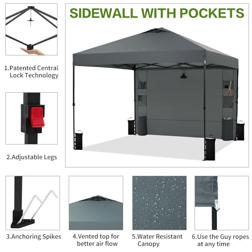 Tunbne 10'x10' Pop Up Canopy Tent with 1 Sidewall and 6 Pockets, One Push Setup, Instant Shade Tent with Vented Roof for Beach Patio Outdoor, Case, 8 Stakes, 4 Ropes, 4 Sandbags (Gray, 10x10) - color: Gray, size: 10x10