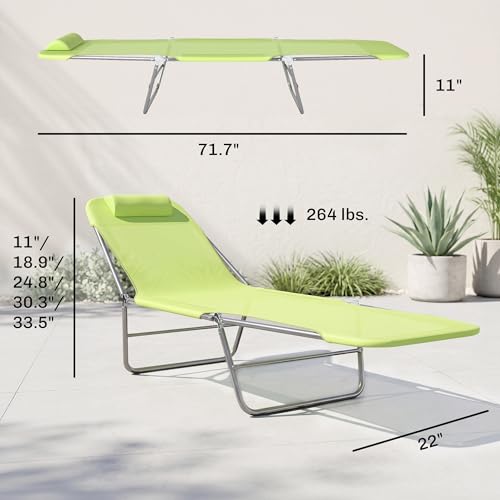 Outsunny Folding Chaise Lounge Pool Chairs, Outdoor Sun Tanning Chairs with Pillow, Reclining Back, Steel Frame & Breathable Mesh for Beach, Yard, Patio, Green - color: Green