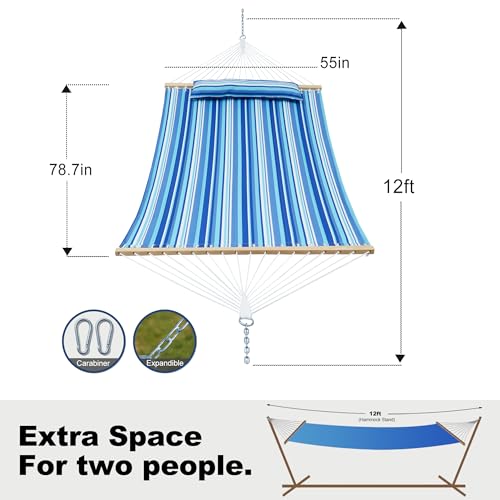 GAFETE Hammock 2 Person Quilted Fabric Hammocks for Outside, Double 12ft Hammocks with Spreader Bar, Large Removable Pillow, Storage Bag, Carabiners, Max 475 lbs Capacity (Ocean Blue) - color: Ocean Blue