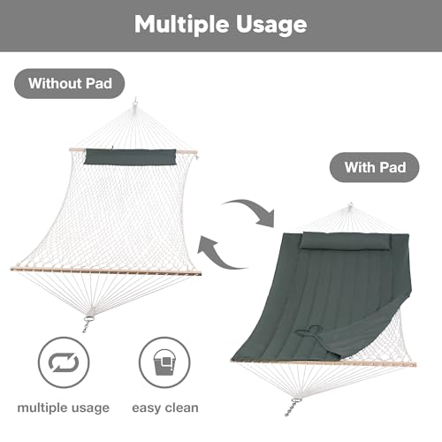 SUNCREAT Portable Double Rope Hammock with Pad, Two Person Tree Hammock for Garden, Backyard, Patio, Poolside, Gray Green - color: Gray Green