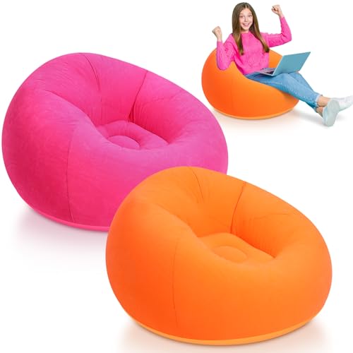 Lunmon 2 Pcs Small Bean Bag Chair Inflatable Chair Blow up Games Sofa Foldable Flocking Inflatable Lazy Sofa Portable Blow up Lounger for Living Room Bedroom (Orange,Rose Red) - color: Orange, Rose Red